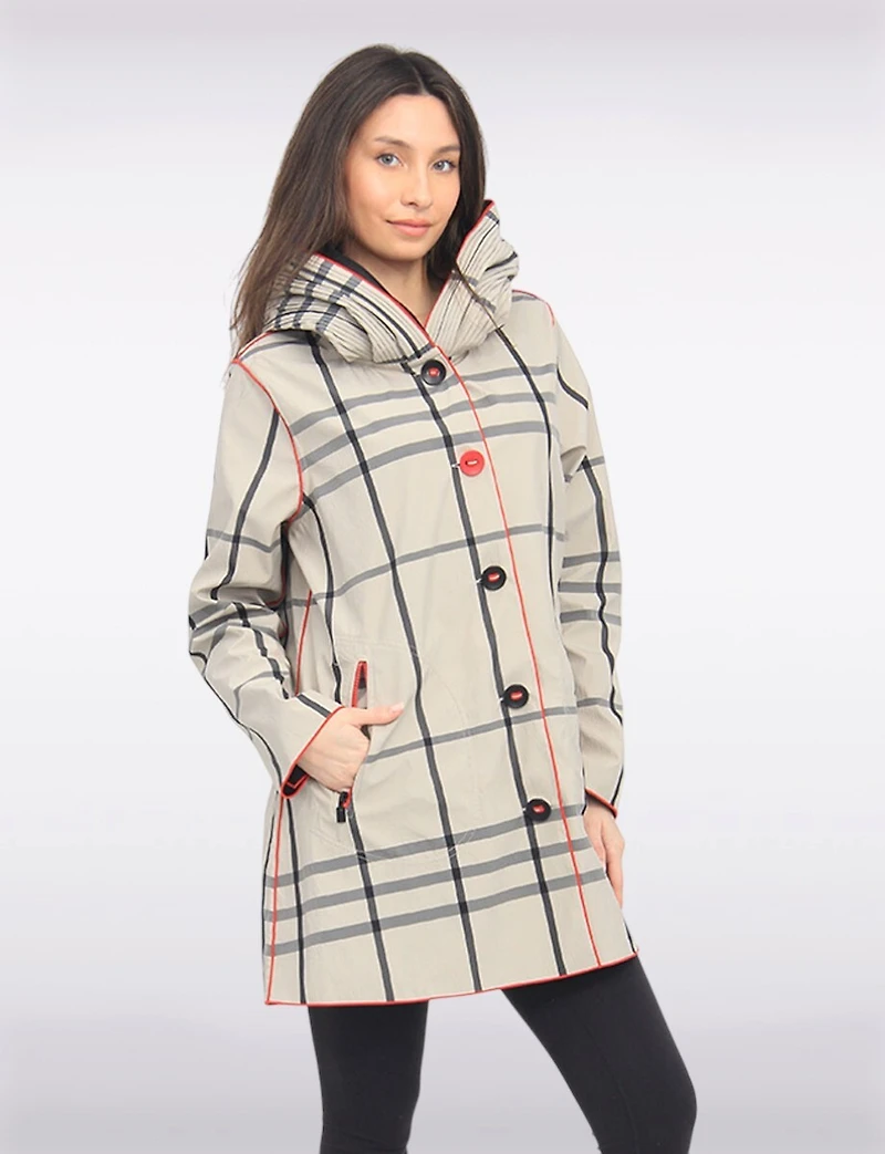 Veste Imperméable Réversible À Carreaux – Capuche Accordéon, Liseré Rouge