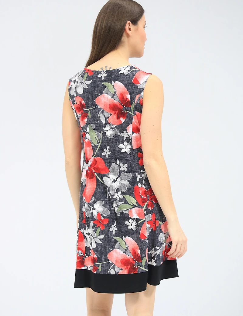 Robe Trapèze Sans Manches À Imprimé Floral Avec Ourlet Noir Contrasté Par Perle