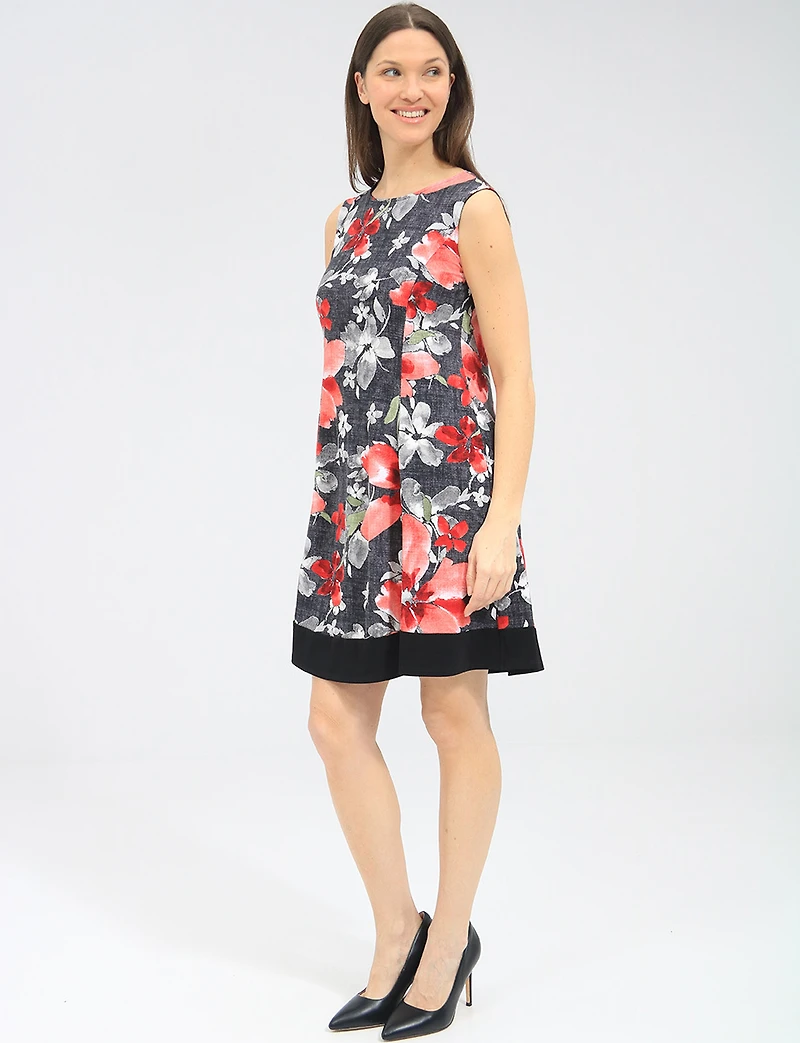 Robe Trapèze Sans Manches À Imprimé Floral Avec Ourlet Noir Contrasté Par Perle