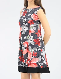 Robe Trapèze Sans Manches À Imprimé Floral Avec Ourlet Noir Contrasté Par Perle