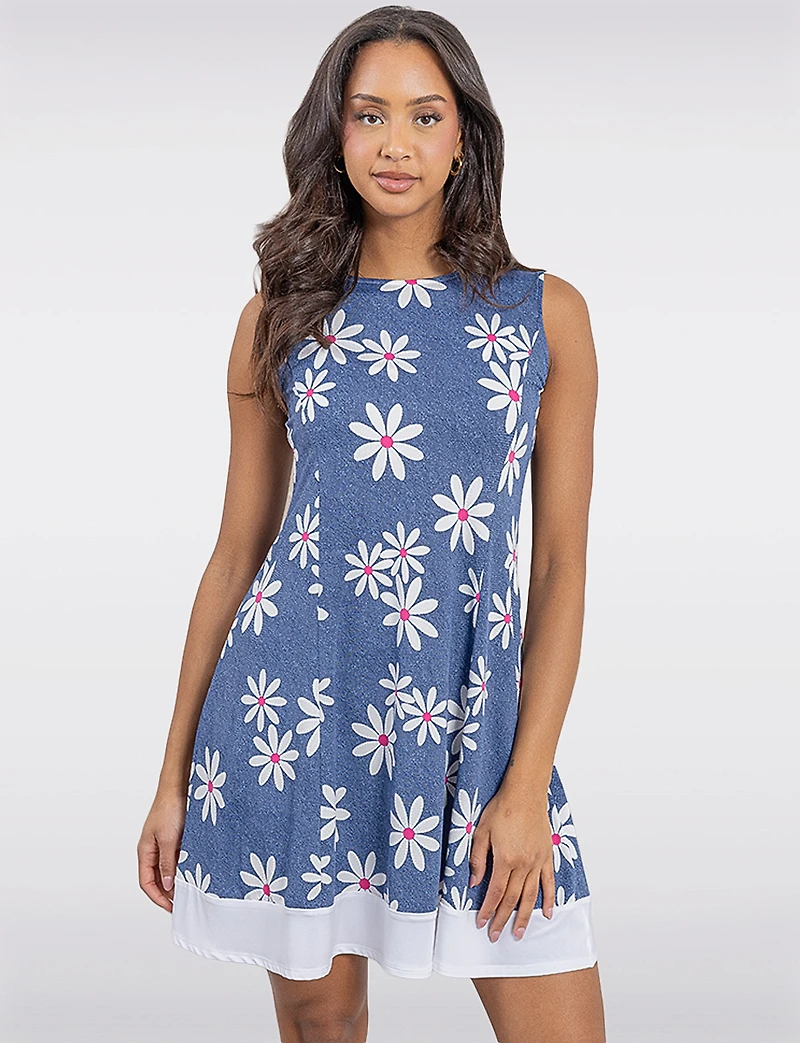 Robe Évasée Sans Manches Imprimé Marguerite et Ourlet Contrasté par Perle