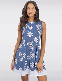 Robe Évasée Sans Manches Imprimé Marguerite et Ourlet Contrasté par Perle