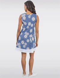 Robe Évasée Sans Manches Imprimé Marguerite et Ourlet Contrasté par Perle
