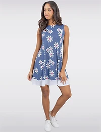 Robe Évasée Sans Manches Imprimé Marguerite et Ourlet Contrasté par Perle