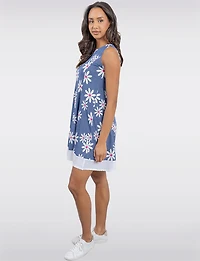 Robe Évasée Sans Manches Imprimé Marguerite et Ourlet Contrasté par Perle