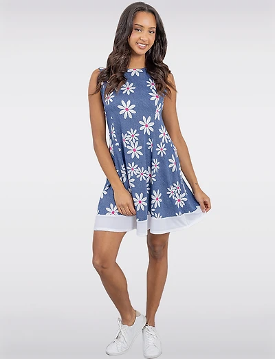 Robe Évasée Sans Manches Imprimé Marguerite et Ourlet Contrasté par Perle