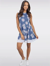 Robe Évasée Sans Manches Imprimé Marguerite et Ourlet Contrasté par Perle