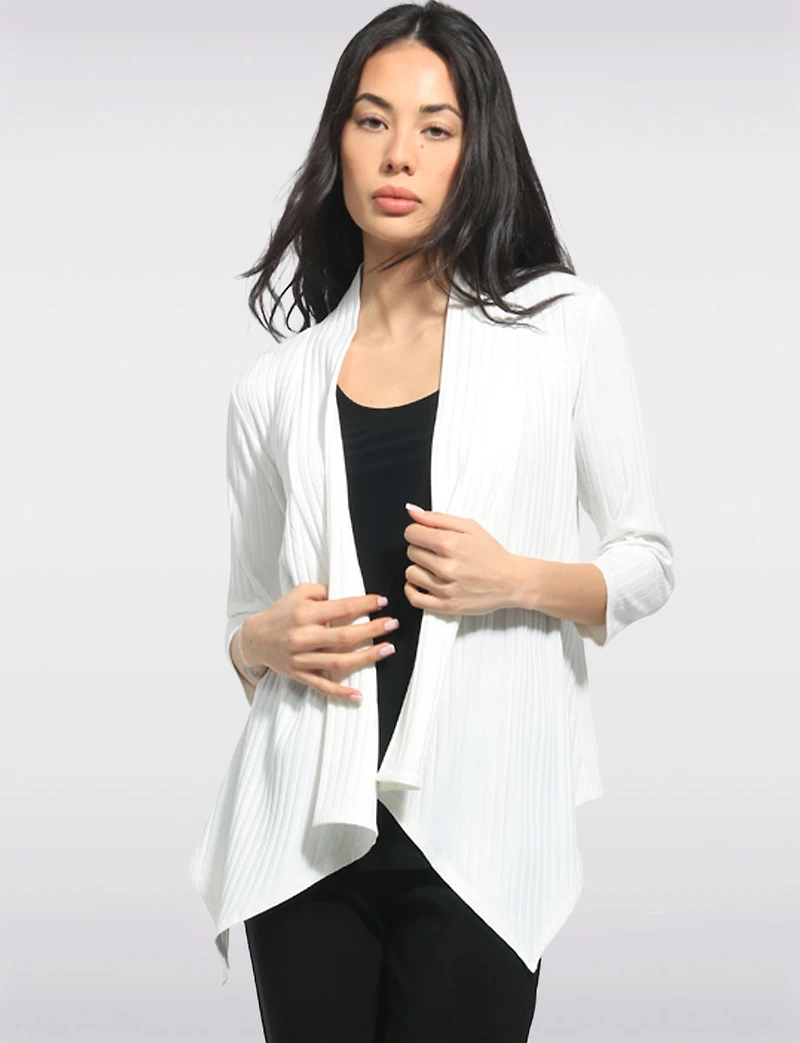 Cardigan en Tricot Côtelé Manches 3/4 Devant Drapé et Ourlet Pointu par Perle