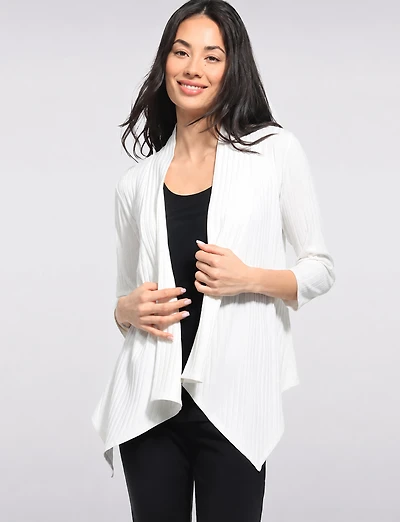 Cardigan en Tricot Côtelé Manches 3/4 Devant Drapé et Ourlet Pointu par Perle