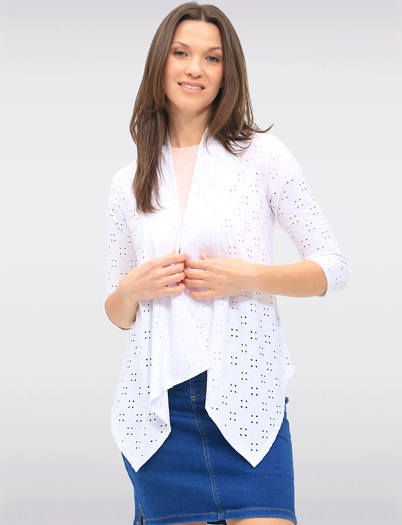 Cardigan Blanc en Maille Pointelle à Manches 3/4 & Devant Ouvert Drapé par Perle