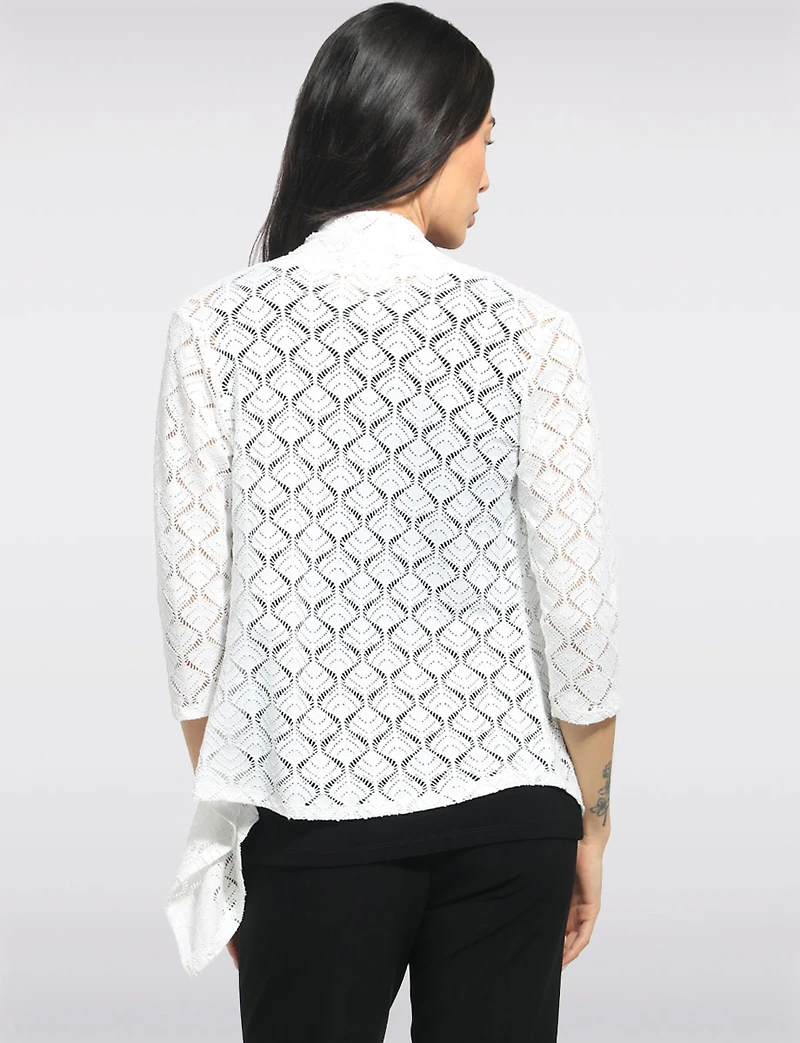 Cardigan Pointelle Crochet Devant Ouvert Manches 3/4 Ourlet Pointu Par Perle