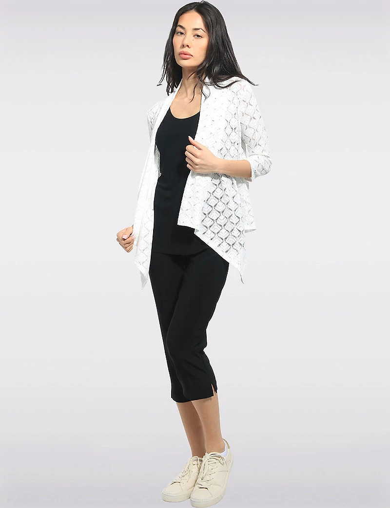 Cardigan Pointelle Crochet Devant Ouvert Manches 3/4 Ourlet Pointu Par Perle