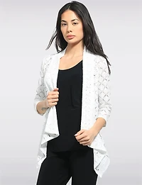 Cardigan Pointelle Crochet Devant Ouvert Manches 3/4 Ourlet Pointu Par Perle