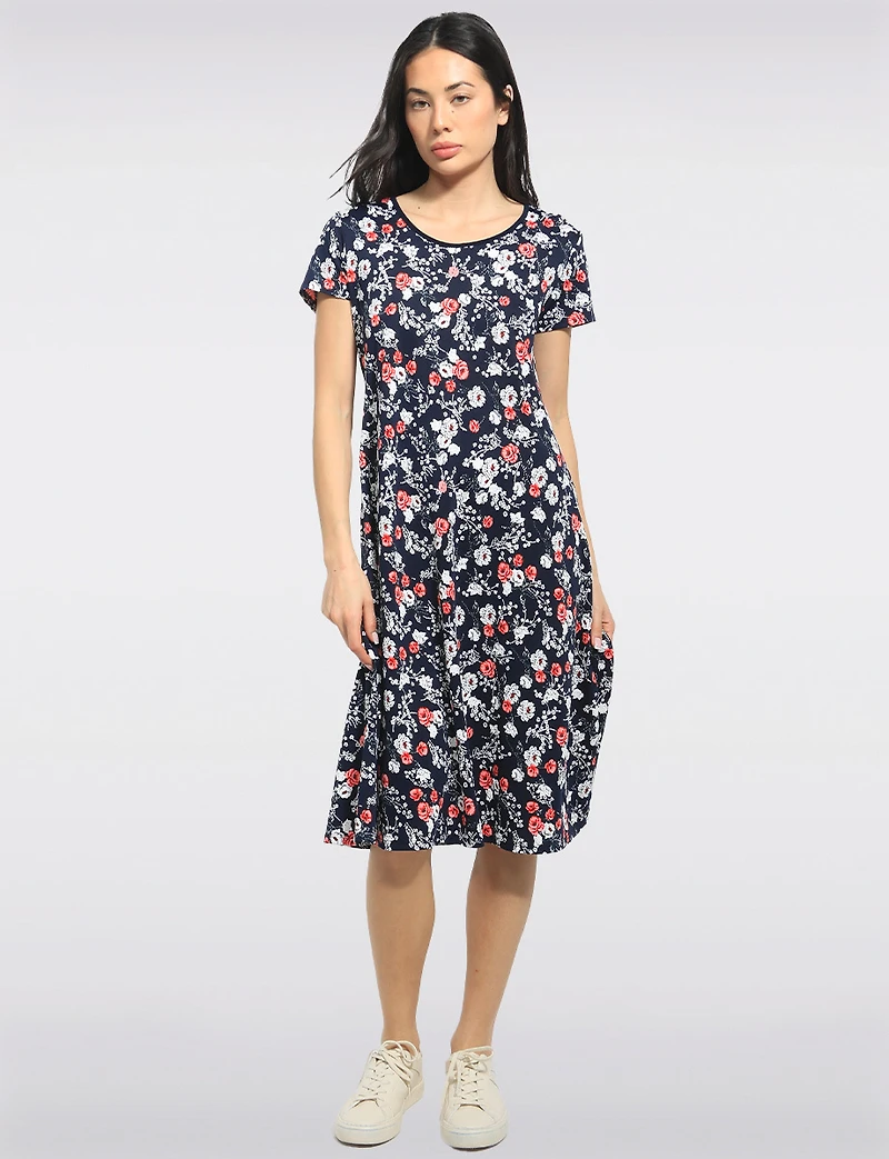 Robe Mi-longue Manches Courtes Col Rond Imprimé Floral Coupe Évasée par Perle