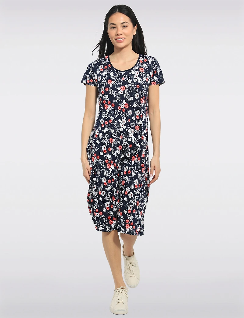 Robe Mi-longue Manches Courtes Col Rond Imprimé Floral Coupe Évasée par Perle