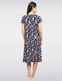 Robe Mi-longue Manches Courtes Col Rond Imprimé Floral Coupe Évasée par Perle