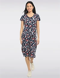 Robe Mi-longue Manches Courtes Col Rond Imprimé Floral Coupe Évasée par Perle