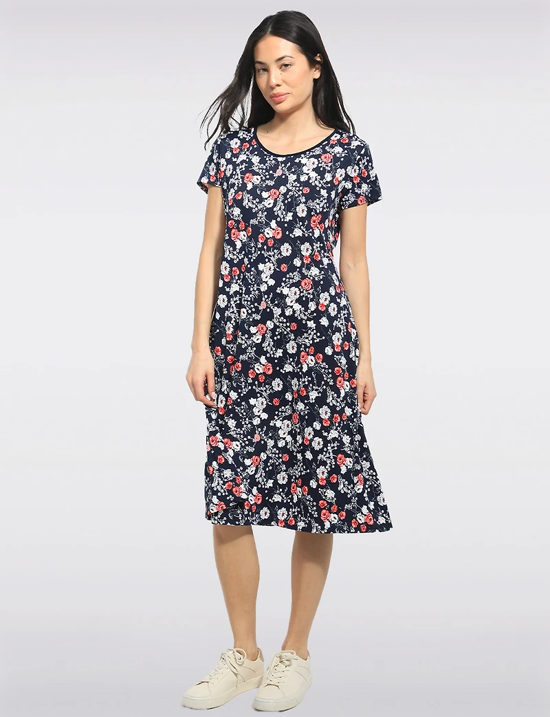 Robe Mi-longue Manches Courtes Col Rond Imprimé Floral Coupe Évasée par Perle