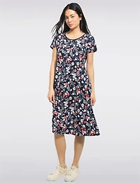Robe Mi-longue Manches Courtes Col Rond Imprimé Floral Coupe Évasée par Perle