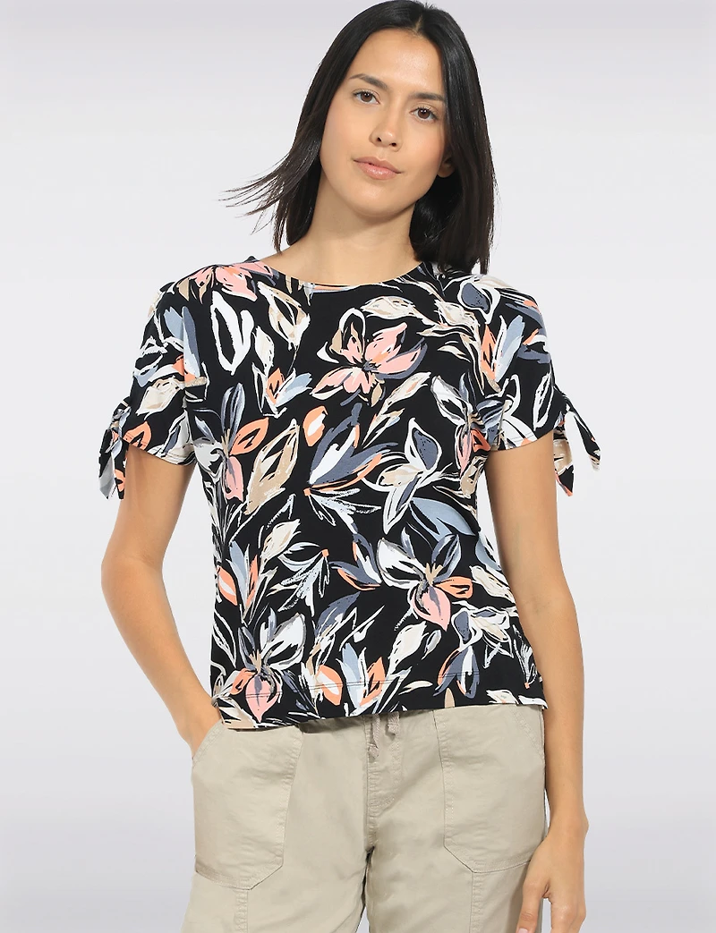Haut en Maille à Motif Floral Abstrait Avec Liens Sur Les Manches par Perle