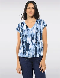 Blouse  Col en V et Manches Courtes Imprimé Abstrait Effet Tie-Dye par Perle