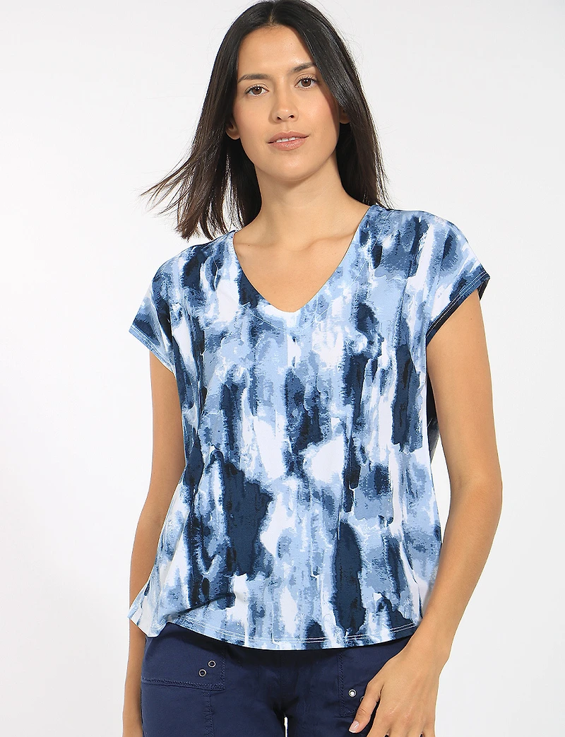 Blouse  Col en V et Manches Courtes Imprimé Abstrait Effet Tie-Dye par Perle