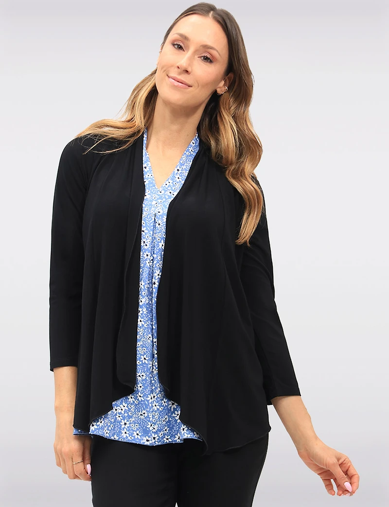 Cardigan Noir Uni Polyvalent à Devant Drapé et Manches Longues par Perle