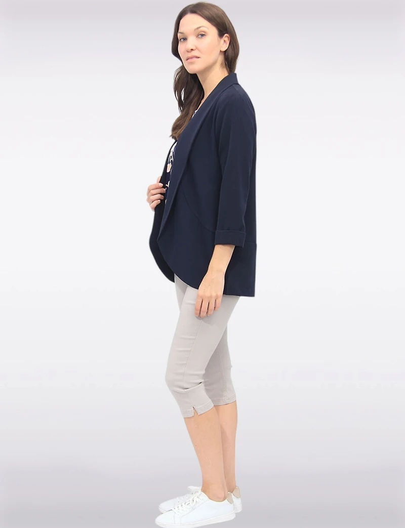 Blazer Élégant Extensible À Ourlet Arrondi Manches 3/4 Et Col Châle Par Perle