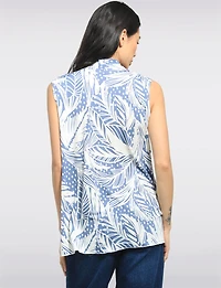 Blouse Drapée Sans Manches Motif Tropical avec Col en V et Pli Devant par Perle