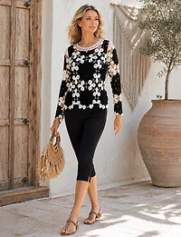 Capris Extensible avec Fente Latérale et Bande Large de Taille par Perle