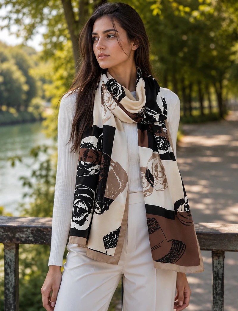 Foulard Oblong Tissé À Imprimé Floral Géométrique – Polyvalent Et Respirant