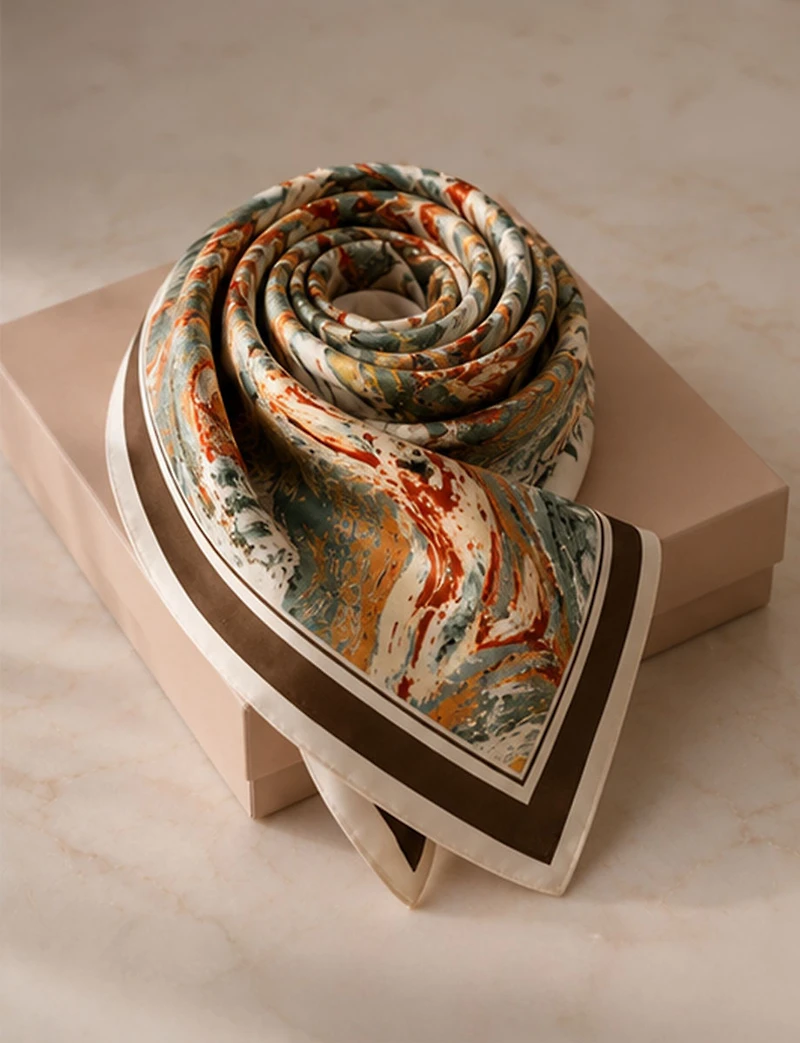 Foulard Carré Satiné Léger à Motif Marbré aux Tons Neutres Style Chic Polyvalent
