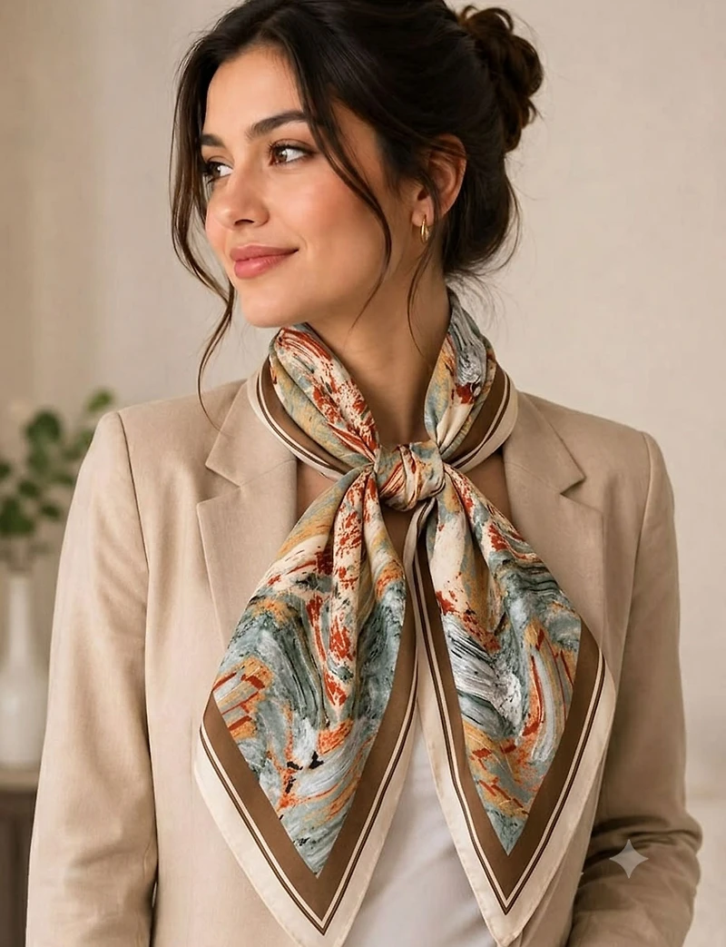 Foulard Carré Satiné Léger à Motif Marbré aux Tons Neutres Style Chic Polyvalent
