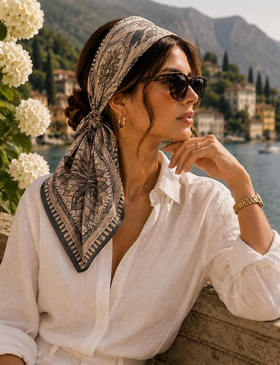Foulard Carré Léger en Mousseline à Motif Mosaïque Rustique – Style Polyvalent