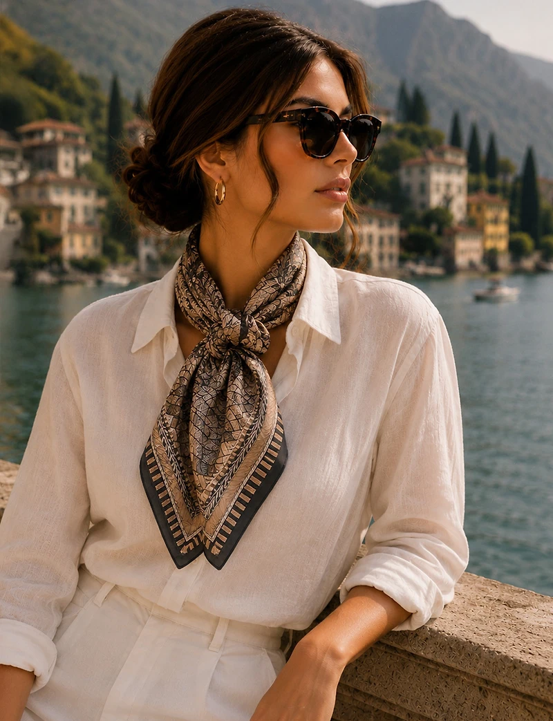 Foulard Carré Léger en Mousseline à Motif Mosaïque Rustique – Style Polyvalent