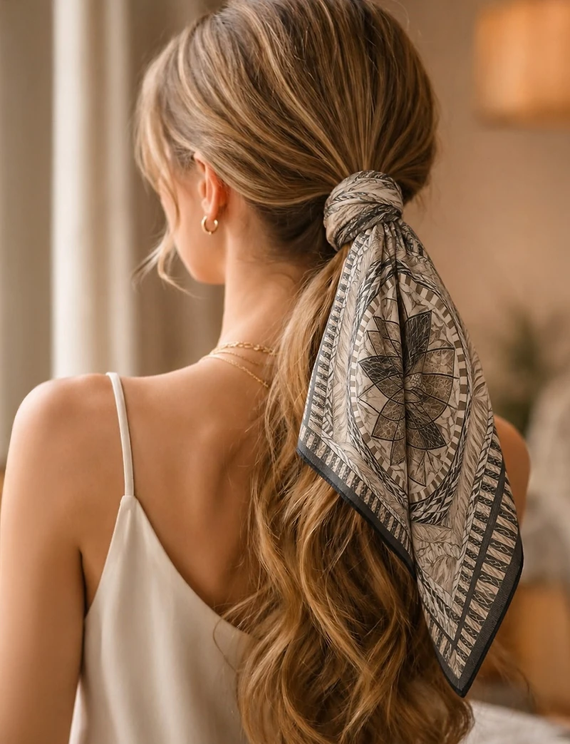 Foulard Carré Léger en Mousseline à Motif Mosaïque Rustique – Style Polyvalent