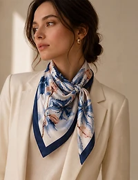 Foulard Carré Satiné Léger à Motif Botanique Lavande – Style Chic Polyvalent