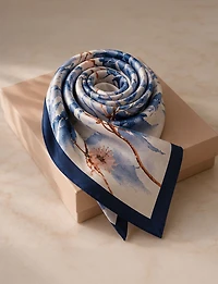 Foulard Carré Satiné Léger à Motif Botanique Lavande – Style Chic Polyvalent