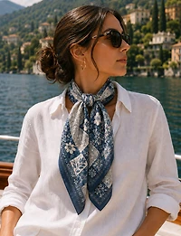 Foulard Carré Léger en Mousseline à Motif Encadré – Style Chic et Polyvalent