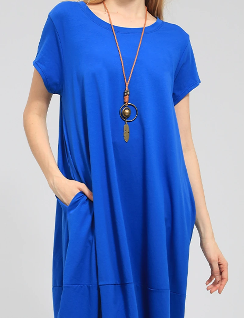 Robe Maxi Chic en Coton à Manches Courtes avec Collier et Poches par Froccella