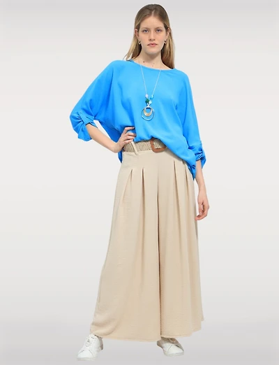 Pantalon Large Extensible Fluide avec Ceinture à boucle en paille par Froccella