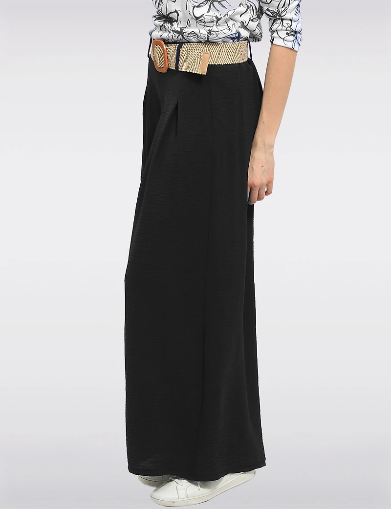 Pantalon Large Extensible Fluide avec Ceinture à boucle en paille par Froccella