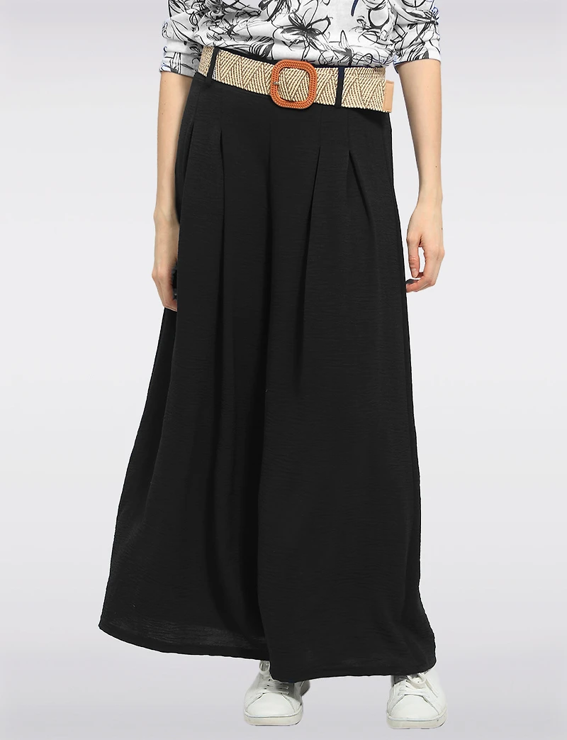 Pantalon Large Extensible Fluide avec Ceinture à boucle en paille par Froccella