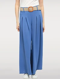 Pantalon Large Extensible Fluide avec Ceinture à boucle en paille par Froccella