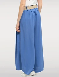 Pantalon Large Extensible Fluide avec Ceinture à boucle en paille par Froccella