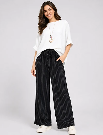Pantalon Large Chic à Rayures avec Taille Élastique & Poches Avant par Froccella