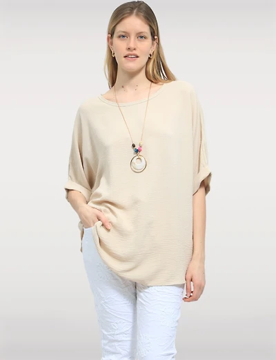 Haut Fluide à Manches Courtes Ourlet Arrondi & Collier Bohème Chic par Froccella