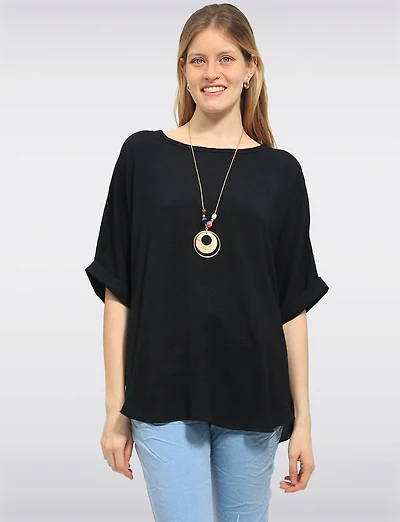 Haut Fluide à Manches Courtes Ourlet Arrondi & Collier Bohème Chic par Froccella