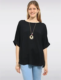 Haut Fluide à Manches Courtes Ourlet Arrondi & Collier Bohème Chic par Froccella