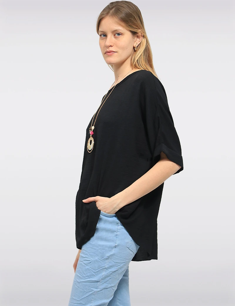 Haut Fluide à Manches Courtes Ourlet Arrondi & Collier Bohème Chic par Froccella